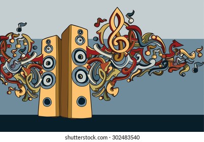 Hand drawn loudspeakers with notes and graffiti arrows
