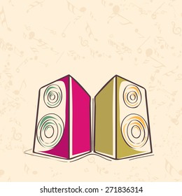 Hand drawn Loudspeakers on musical notes decorated background.