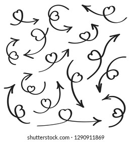 Hand drawn love arrows with hearts on the arrows flat style design vector illustration set isolated on white background.