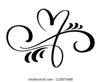 Hand drawn love border flourish heart separator Calligraphy designer elements. Vector vintage wedding, Valentines Day illustration Isolated on white background