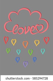Hand drawn love cloud and colorful heart rain drops on mint green background, Valentine's day card design template