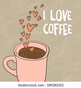 hand drawn i love coffee card with hearts