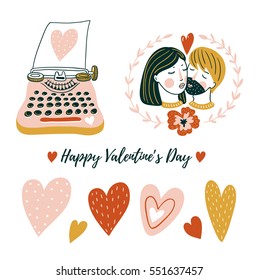 Hand drawn love design for valentine's day. Set of vector isolated elements for print.