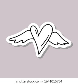 Hand drawn love doodle heart with wings sticker isolated vector illustration. Valentines day romance decoration element. Best design for wedding invitation, greeting card, stamp, weekly planner