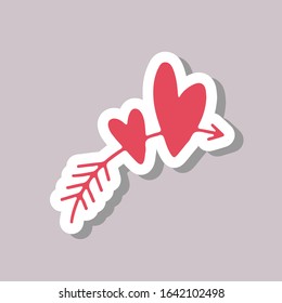 Hand drawn love doodle red heart with arrow sticker isolated vector illustration. Valentines day romance decoration element Best design for wedding invitation, greeting card, stamp, weekly planner