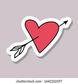 Hand drawn love doodle red heart with arrow sticker isolated vector illustration. Valentines day romance decoration element Best design for wedding invitation, greeting card, stamp, weekly planner