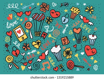 Hand drawn love doodle set. Vector cute outline illustration for print,banner,cover,pattern,background,card template,postcard,poster,menu