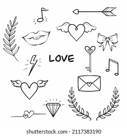 Hand drawn love doodle set for concept design. Abstract brush drawing. Doodle set element. Decorative print. Heart line drawing. Creative concept. Vector icon.