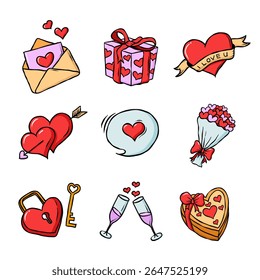 Elemento de amor desenhado à mão conjunto com corações, presentes, flores e símbolos românticos em estilo doodle.