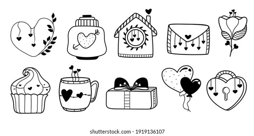 Hand drawn love elements isolated on white background. Hand-drawn icons with hearts, letter, coffee, gift, castle, cupcake, balloons. Vector illustration.