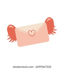 Sobre de amor dibujado a mano con alas y solapa de Formas de corazón. Colorido Vector plano Clipart de vacaciones de símbolos de amor para tarjeta, logotipo, diseño. Concepto de San Valentín. Aislado en el fondo blanco