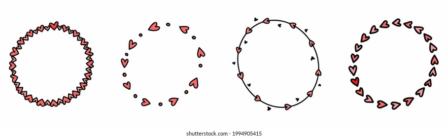 Hand Drawn Love Frame. Romantic Circle In Doodle Style. Hand Drawn Circle In Hearts. Art Illustration. Valentines Symbol. Vector EPS 10