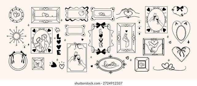Handgezeichnete Liebesrahmen und romantische Elemente. Liebesrahmen und romantische Herzen, Paare, Handgesten für Valentinstag-Karten, Hochzeitseinladungen, Poster, Social-Media-Grafiken.Vektorgrafik