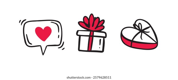 Hand drawn Love Gifts and Heart. Cute love icons. Present and love message. Valentine's day symbol. Vector illustration