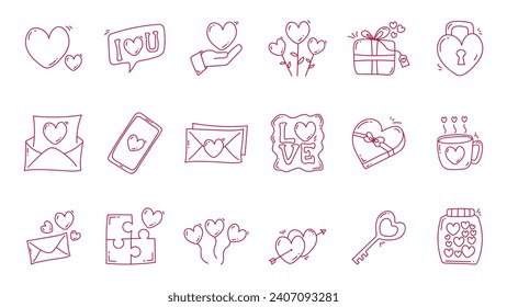 Juego de iconos de la línea del doodle del corazón dibujado a mano. Colecciones de íconos de San Valentín.