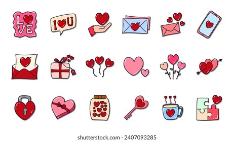 Hand drawn love heart doodle flat icon set. Valentine doodle icon collections.