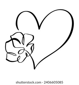 Hand drawn love heart with flower vector logo one art line illustration. Black outline. Element for Valentine Day banner, spring poster, greeting card