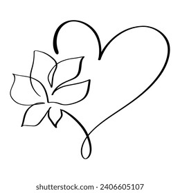 Hand drawn love heart with flower vector logo one art line illustration. Black outline. Element for Valentine Day banner, spring poster, greeting card