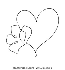 Hand drawn love heart with flower monoline vector logo one art line illustration. Black outline. Element for Valentine Day banner, spring poster, greeting card