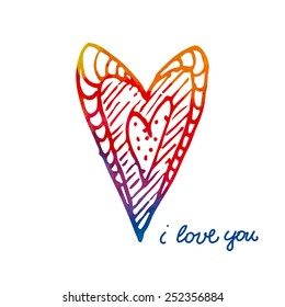 Hand drawn love heart isolated on white. Amazing watercolor zentangle. I love you.