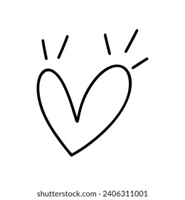 Hand drawn love heart with rays vector logo line illustration. Black outline. Element Monoline for Valentine Day banner, poster, greeting card