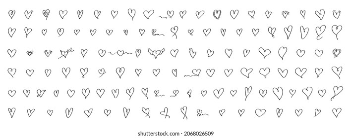 Hand drawn love hearts collection. Hand drawn doodle lines. Elements for Valentine's Day. Isolated on white. Vector illustration.