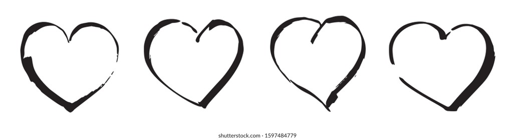 Hand drawn love hearts of different shapes. Vector illustration.