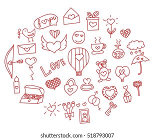 Hand drawn love and hearts doodles icon set , vector illustration.