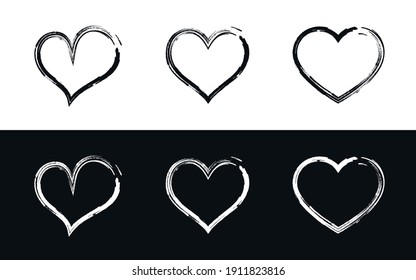 Hand Drawn Love Hearts. Grunge Brush Stroke Style Heart Vector Illustrations, Symbols, Icons Set 