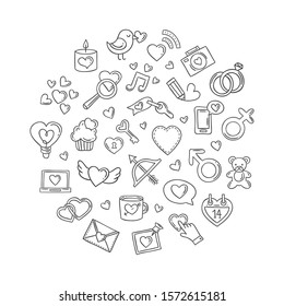 Hand drawn love icons vector set. Saint Valentine and wedding elements and symbols on white background. Love theme round concept