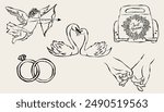 Hand drawn love illustration. Icons in vector for invitations, stationery, design. Love clipart. Illustration of cupid, swans, wedding rings