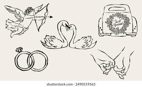 Hand drawn love illustration. Icons in vector for invitations, stationery, design. Love clipart. Illustration of cupid, swans, wedding rings