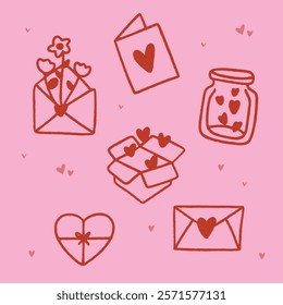 Hand drawn love illustrations, hearts love letter love card drawings icons, minimalist cute romance graphic visuals, valentine's day mother's day illustrations romantic design, hearts jar, chocolate