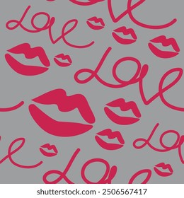 Dibujado a mano de amor y besos patrón. Impresión inspirada en San Valentín. Pintura de lápiz labial.