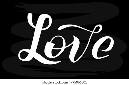 Hand drawn Love lettering text with arrow on chalkboard background, vector illustration. Design for invitation, banner, logo and postcards. Wedding phrase. Happy St valentines day calligraphy.