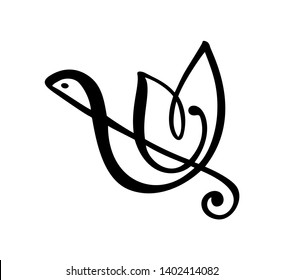 Hand Drawn Love Music Vector Logo Treble Clef And Bird. Isolated On The White Background