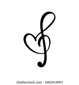 Hand drawn Love Music vector Logo treble clef and heart. Isolated on the white background