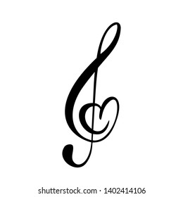 Hand drawn Love Music vector Logo treble clef and heart. Isolated on the white background