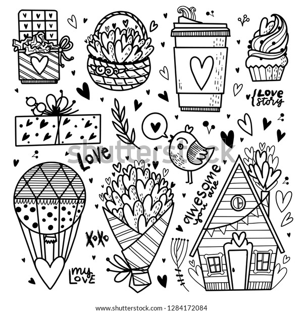 Hand Drawn Love Objects Coloring Page Stock Vector Royalty Free