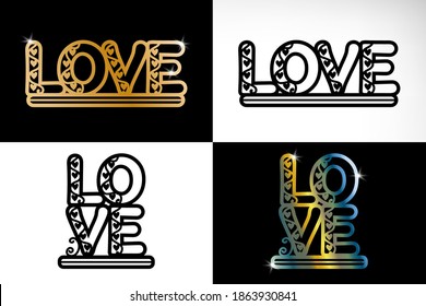 Handgezeichnetes Liebesquote-Set. Wortliebe mit Herzen in Schwarz, Gold und Metall. Trendy Vektorgrafik für T-Shirt-Druck, Crafting, Stempel, Valentinstag-Grußkarte, Web-Design.