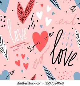 Hand drawn love seamless pattern with hearts, lettering, for print, textile, wallpaper. Modern abstract kids background.