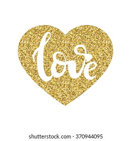 Hand drawn Love sign print in heart shape with gold glitter pattern. Good for use and design. Good for greeting card.
