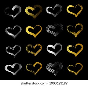 Hand drawn love silver and gold icons for Valentine's day and wedding. Elements isolated on black background.  Heart scribble sketch for web, wallpaper, greeting card. Vector grunge hearts. 