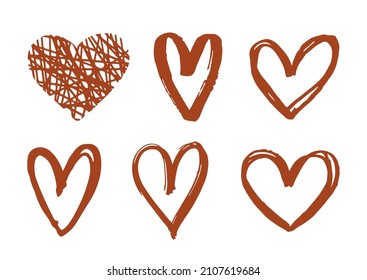 Hand drawn love symbol. Set of grunge hearts isolated on white background. Romantic element for Valentines Day, wedding design and holidays. Brush heart shape. Vector illustration