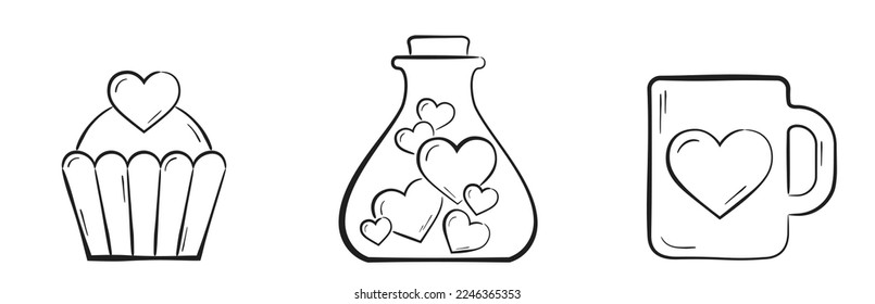 hand drawn love and valentines icon. flask with hearts, cake and cup with heart. valentine's day design. sketchy vector element