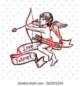 Hand Drawn Love, Wedding And Valentines Day Card With Cupid. Vintage Sketch Style