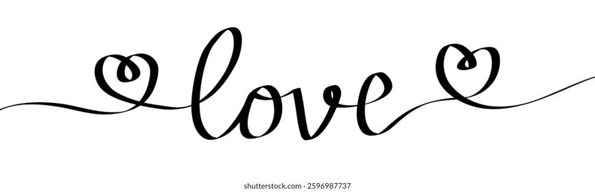 Hand drawn Love word One line style. Thread ribbon in shape of word Love. Two hearts. Lettering for header, announcement, advertising, poster, banner. Flat design. White background. Isolated. Vector