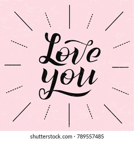 Hand drawn Love you black lettering text on pink textured background, vector illustration. Love you for invitation, banner, logo and postcards. Wedding phrase. Happy St valentines day calligraphy.