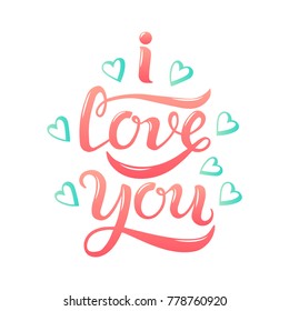 Hand drawn I love you colorful typography lettering poster. Vector illustration for greeting cards, Valentines Day, Mothers Day, Woman's Day, wedding cards. Text and hearts symbols. Romantic phrase. 