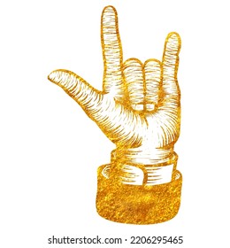 Hand drawn i love you finger gesture in woodcut in gold foil texture vector illustration